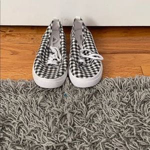 Black and white plaid slip on sneakers